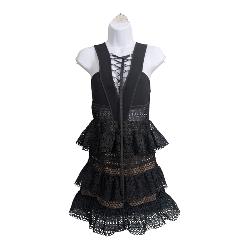 Self-Portrait Black Lace Up Tiered Mini Dress Deep V-Neck Sleeveless Cocktail 2